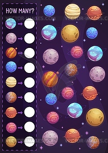 Математическая игра для детей, планеты в космосе - векторное изображение EPS