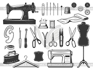 Инструменты портного и швеи, комплект швейного оборудования - черно-белый векторный клипарт