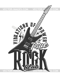 Tshirt print with electric guitar, emblem - vector clipart