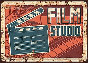 Film studio rusty metal plate with clapperboard - vector clipart