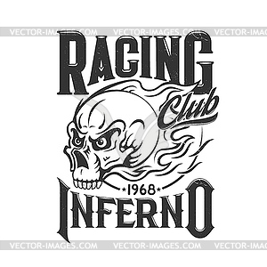 Tshirt print with blazing skull racer club - vector clip art