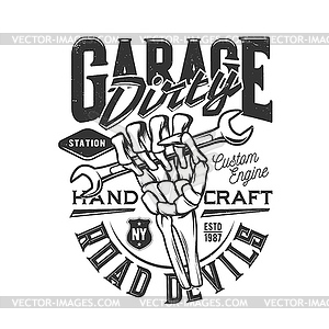 Tshirt print with skeleton hand hold wrench design - vector clipart