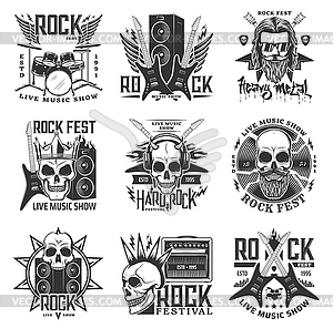 Rock music festival, live show engraved icons - vector clipart