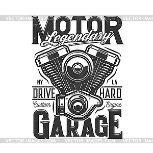 Tshirt print with motorcycle engine design - vector image