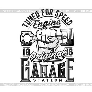 Tshirt print with hand holding car engine valve - vector clip art