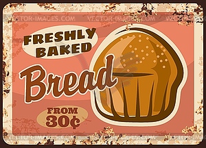 Bakery bread metal plate rusty, baker shop loaf - vector image