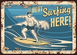 Surfing metal plate rusty, surfer, surfboard waves - vector clip art