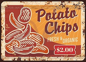 Potato chips rusty metal plate crispy snack - vector clipart