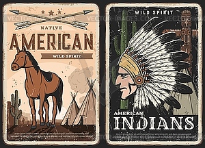 Американские индейцы, американские индейцы, ретро-постеры - векторный графический клипарт