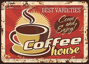 Coffeehouse, cafe hot drinks rusty metal plate - vector clipart