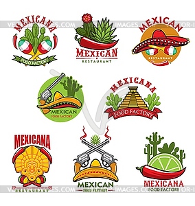 Mexican restaurant icons, cartoon emblems - vector image