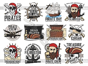 Pirates island, filibuster treasure hunt emblems - vector image