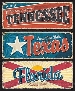 Tennessee, Texas and Florida states rusty plates - vector image