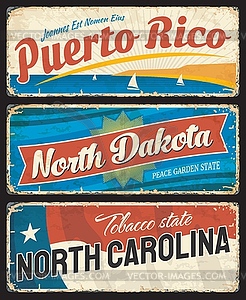 Puerto Rico, North Dakota and North Carolina plate - vector image