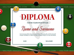 Diploma for billiard tournament winner certificate - vector clipart