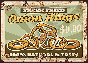 Onion rings rusty metal plate, fried snack - vector clipart