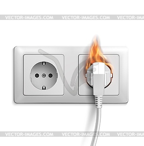 Short circuit, realistic electric outlet with fire - vector image