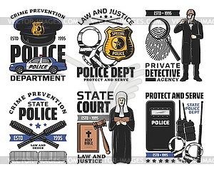 Law and order, jurisprudence and police icons - royalty-free vector image