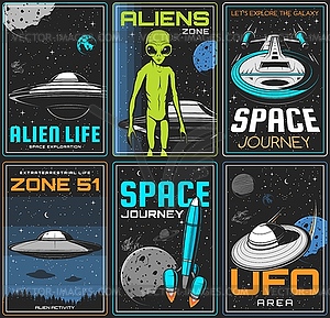 Alien zone, space journey retro posters - vector clipart