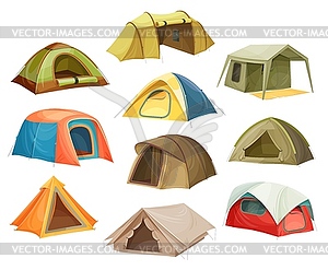 Tents camp icons, house campsite, travel tourism - vector image