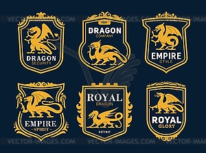 Royal heraldry icons with dragons, fantasy monster - vector image