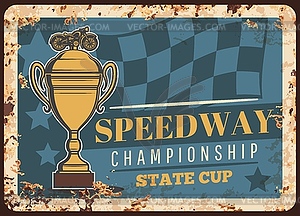 Speedway championship cup metal rusty plate, races - vector clipart