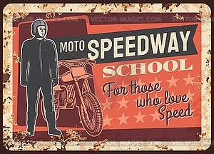 Moto speedway racer rusty metal plate, card - stock vector clipart