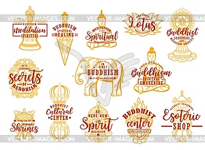 Buddhism religion symbols icons - vector clipart