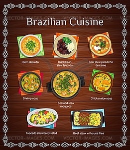 Brazilian cuisine menu with meals of Brazil - vector image