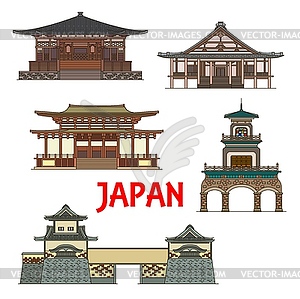 Japan landmarks and temples, Japanese towers gates - vector clipart