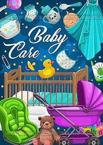 Baby care products, clothes and toys - vector clipart