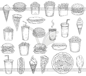 Fast food meals, drinks and snacks sketches - royalty-free vector image