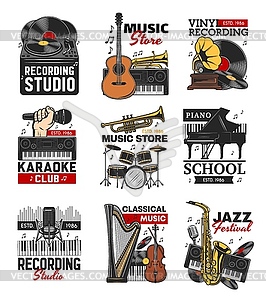 Music icons, instruments, microphone, vinyl record - vector image