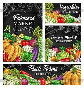 Vegetable sketches on blackboard, fresh farm food - vector image