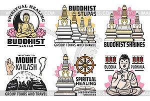 Buddhism religion symbols, Buddhist symbolic icons - vector image