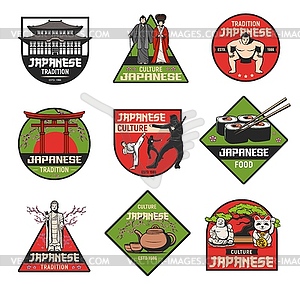 Japanese culture and traditions retro icons - vector image