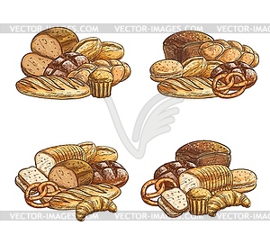 Fresh bread and pastry sketch icons set - vector image