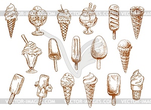 Sundae, gelato and sorbet ice cream sketch set - vector clip art