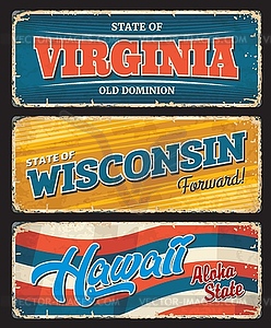 USA states Virginia, Wisconsin, Hawaii sign plates - vector clipart