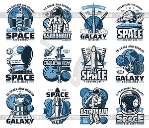 Space planet, astronaut and rocket icons - vector clip art