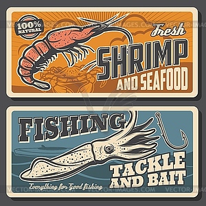 Shrimps seafood, fishing tackle shop banner - vector image