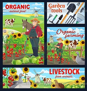 Farm animals, organic food posters - vector clip art