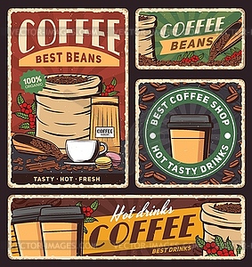 Coffee cup, bag of roasted beans banners - vector clip art