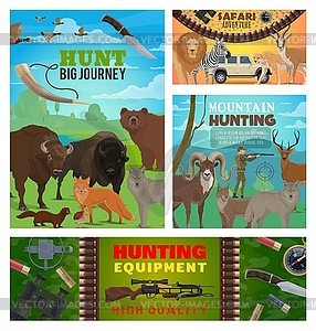 Hunting sport animals, hunter equipment and safari - vector clipart