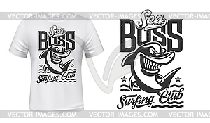 Shark t-shirt print mockup, surfing club waves - vector image