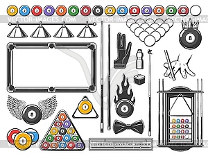 Billiards game equipment and accessories icons set - vector image