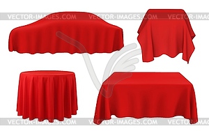 Car under red silk, tablecloths on tables - vector image