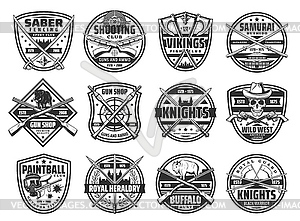 Weapon badges with swords, rifles, shotguns, axes - vector image