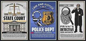 Law and justice institutions retro banners - vector image