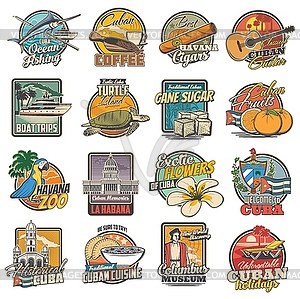 Cuba and havana travel, tourist attractions icons - vector clip art